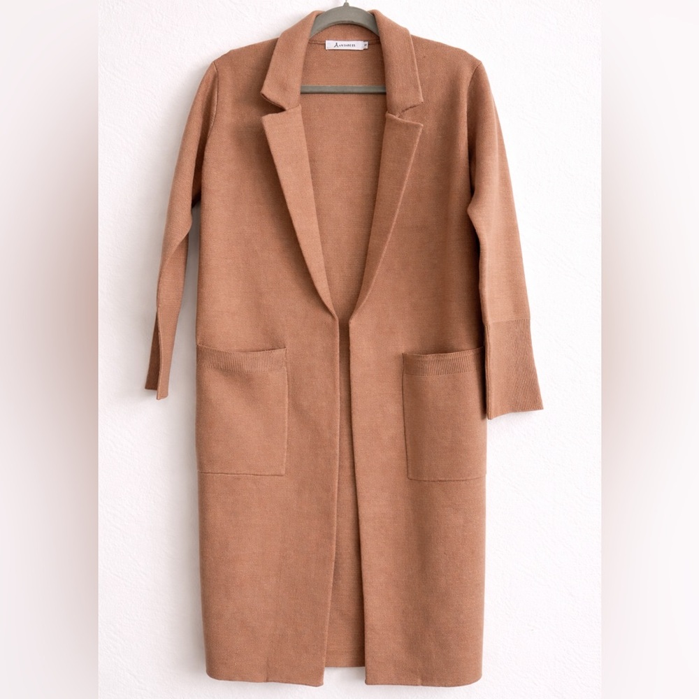 Camel Longline Cardigan Blazer Small | Open Front Knit Duster